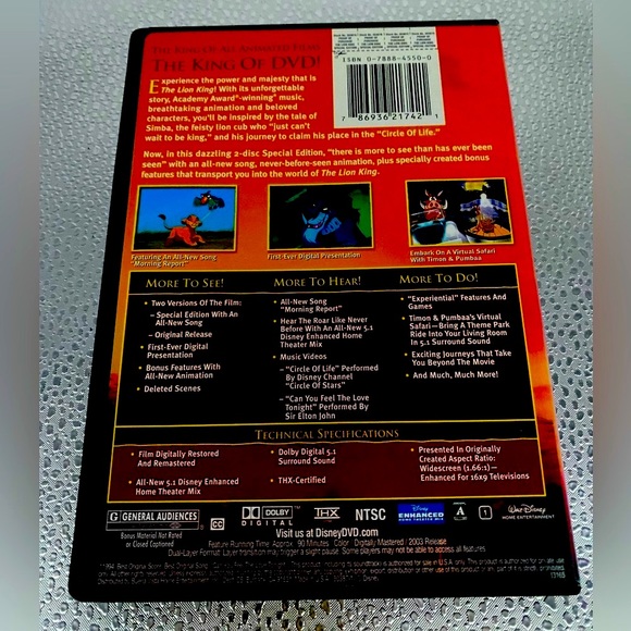 “Disney” Lion King- 2 Disc Special Edition DVD - Picture 2 of 10